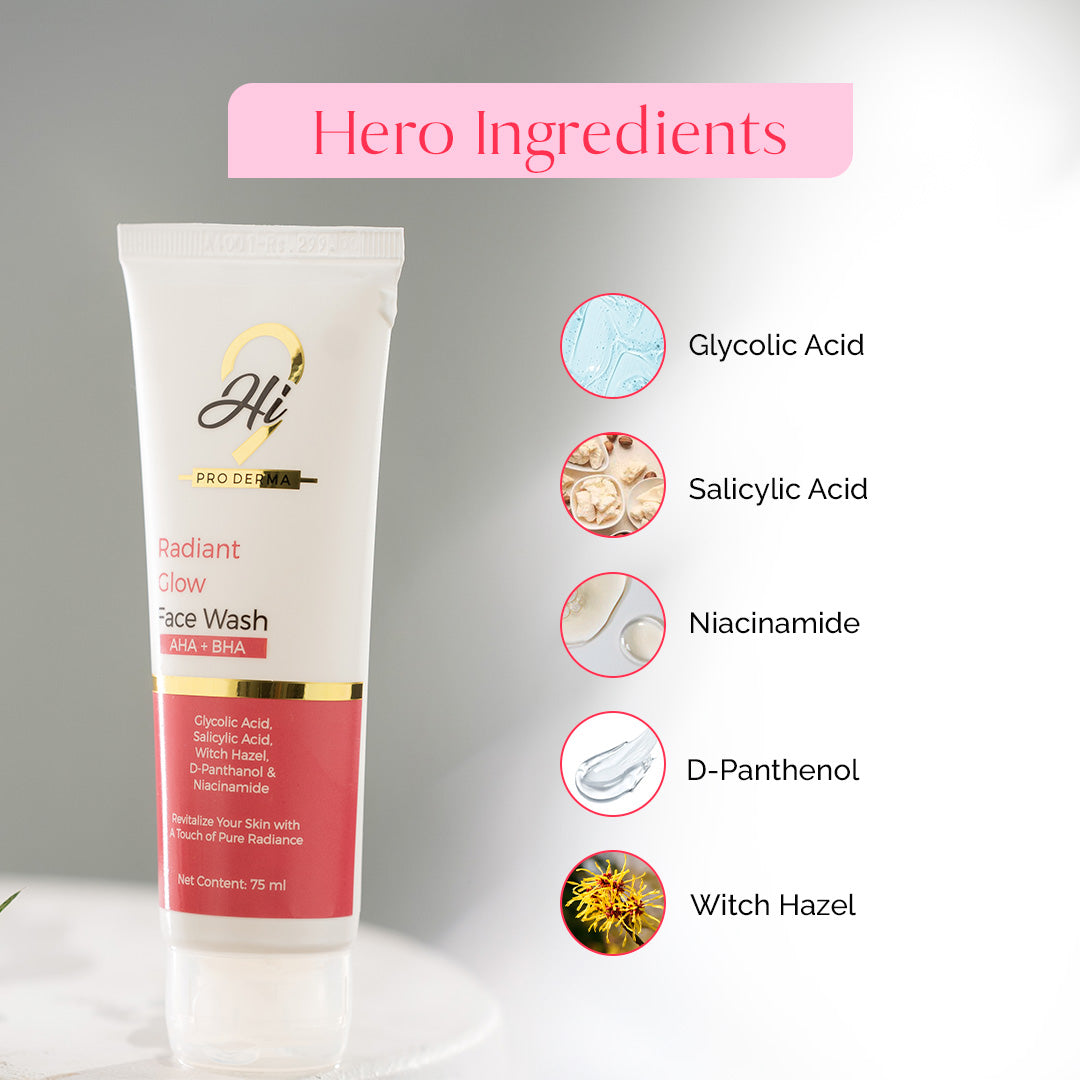 Hi9 Radiant Glow Face Wash | ProDerma Collection | 75ml | Radiant Glow, Anti Acne & Exfoliating Face Wash with AHA BHA & Niacinamide | Suitable for Acne-Prone Skin