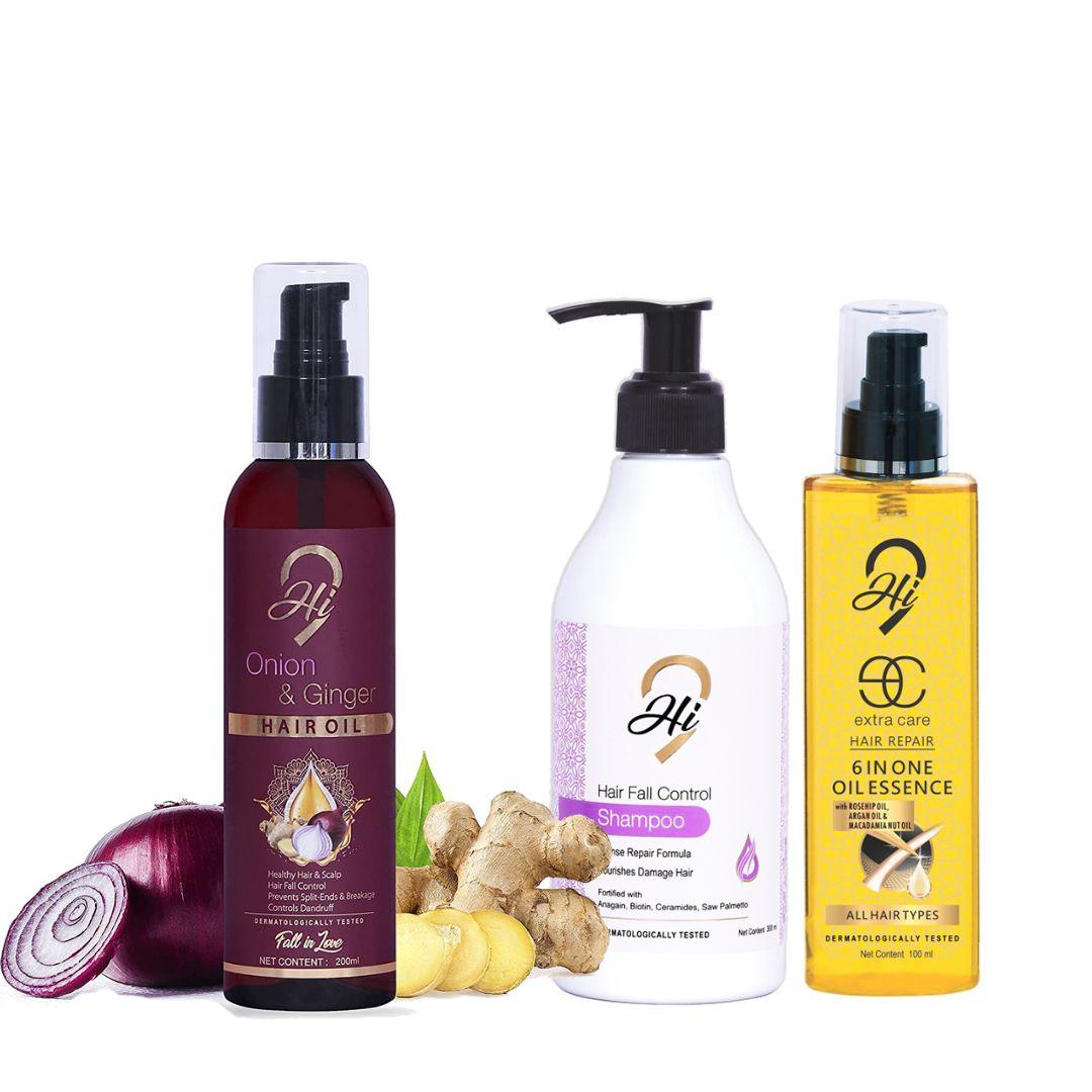 Hi9 Hair Loss Combo Pack includes Onion Oil, Hair loss Shampoo and Six in One Essence Extra Care Oil (pack of 3) - Myhi9