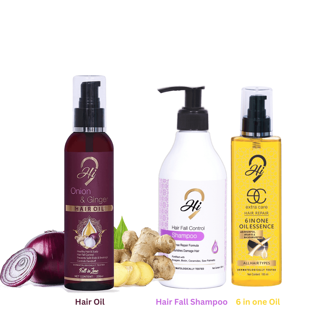 Hi9 Hair Loss Combo Pack includes Onion Oil, Hair loss Shampoo and Six in One Essence Extra Care Oil (pack of 3) - Myhi9