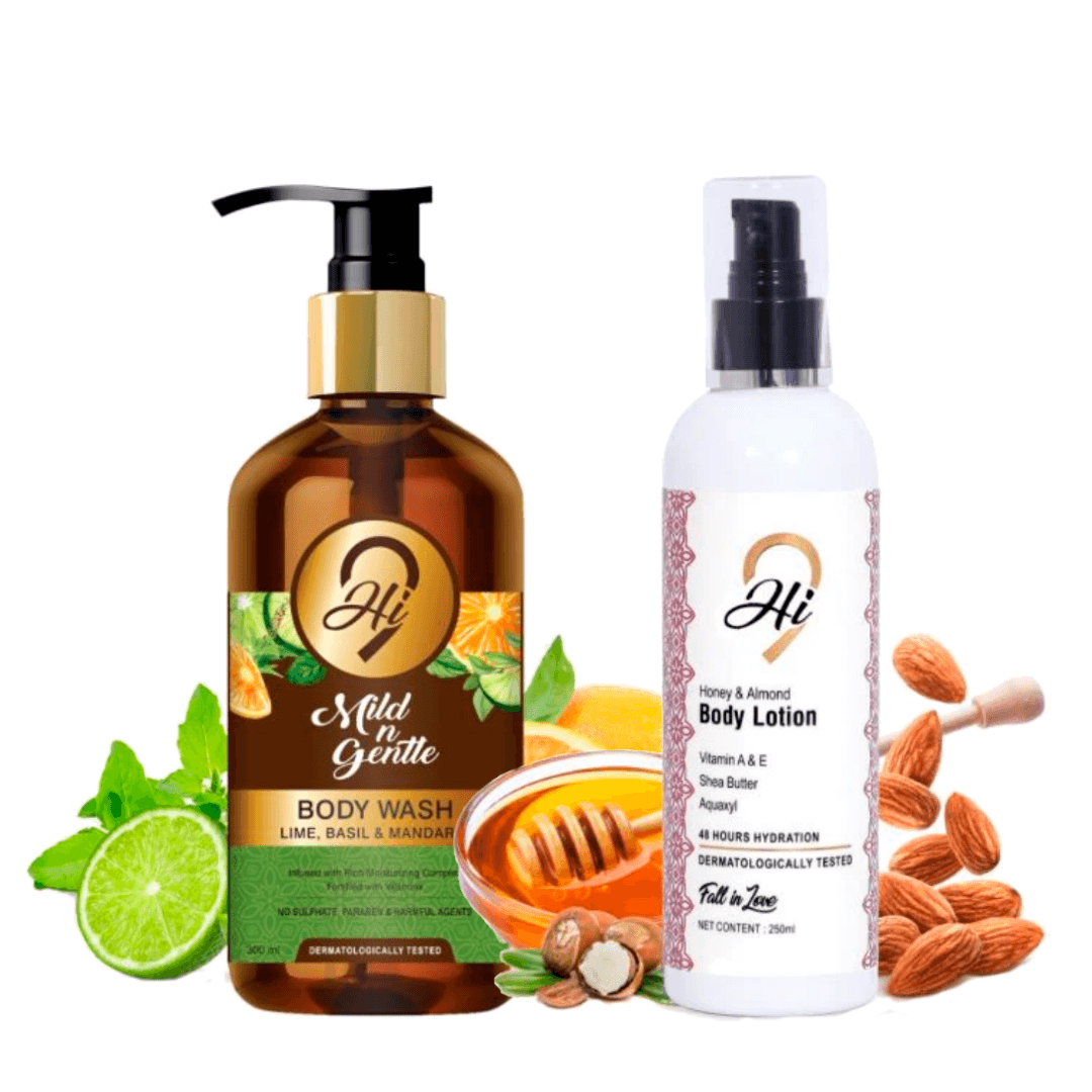 Hi9 Body Care Combo Pack of Mild n Gentle Body Wash Moisturizing Refreshing &amp; Soft Skin with Almond Honey body lotion (Pack of 2) - Myhi9